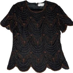 VTG‎ Papell Boutique Silk Beaded Top Womens L Retro Glam Formal Whimsigoth Party
